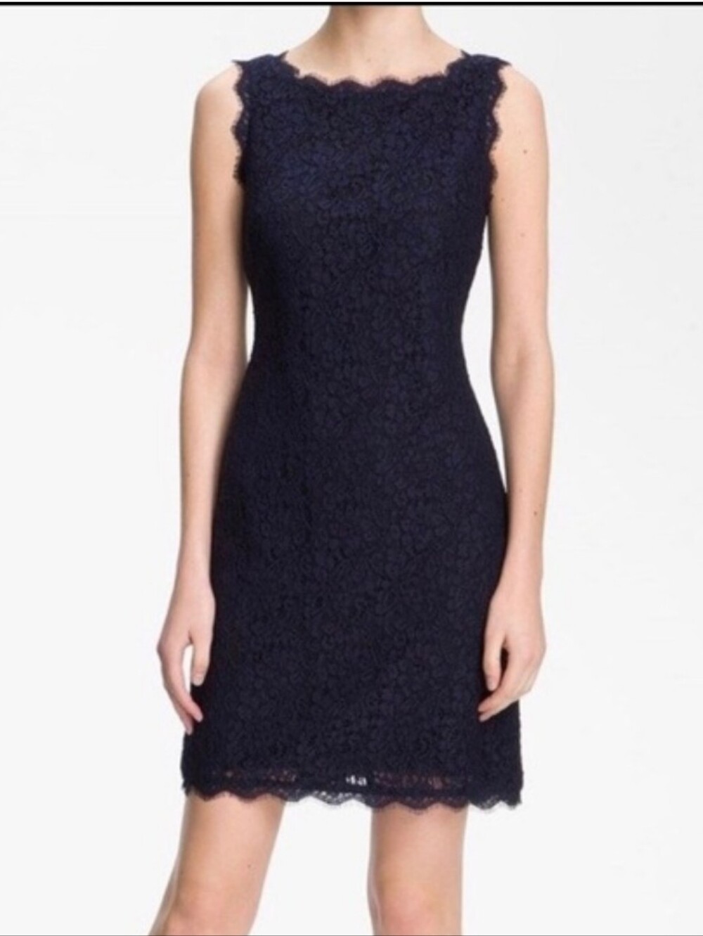 Adrianna Papell Boat neck Navy Lace Scalloped Sheath Dress